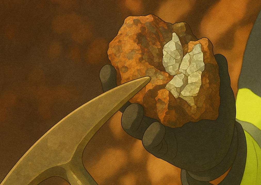 mano sostien roca con minerales y una pica