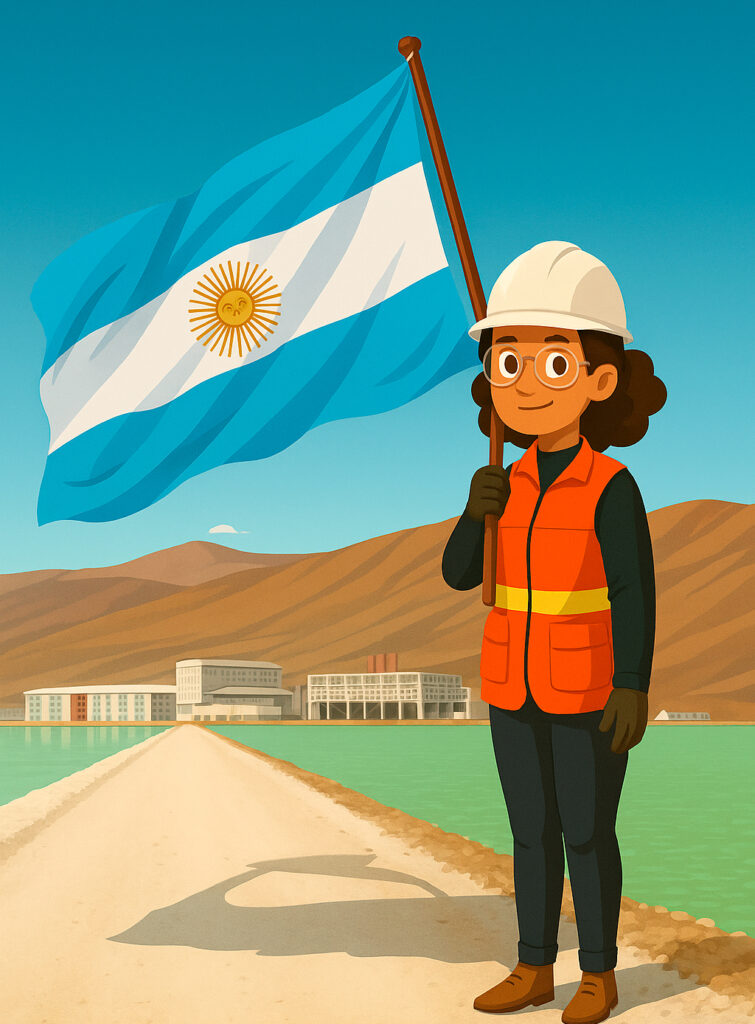 mujer minera en un proyecto de litio sosteniendo una bandera argentina