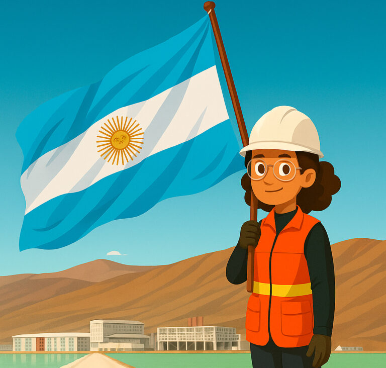 mujer minera en un proyecto de litio sosteniendo una bandera argentina