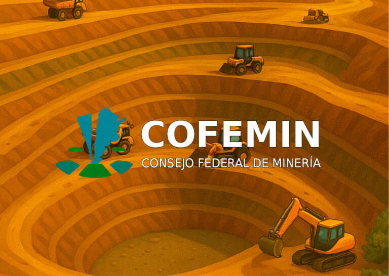 logo del consejo federal de minería sobre imagen de maquinaria trabajando en un pit minero